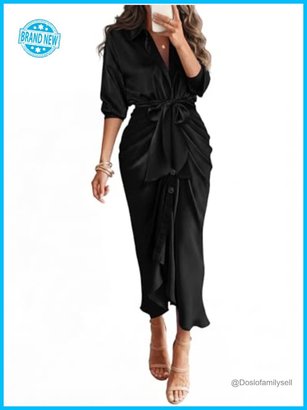 Women's Button Down Shirt Maxi Dress Satin Long Sleeve Tie Waist